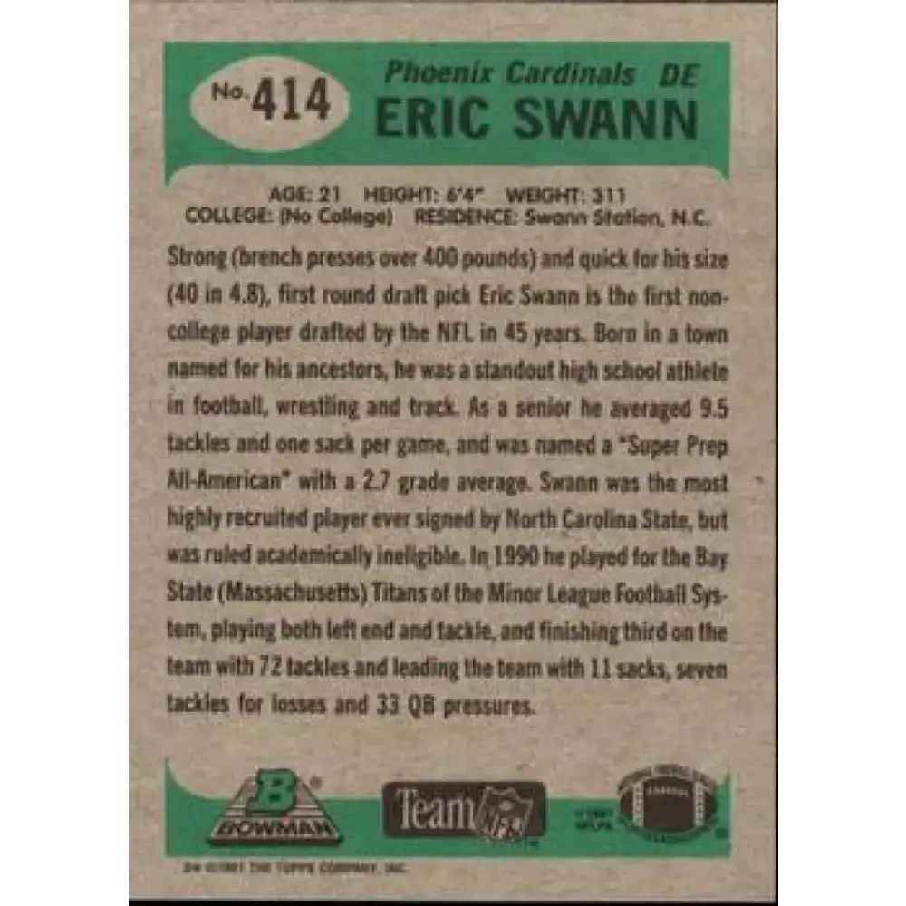 1991 Bowman #414 Eric Swann NM-MT RC Rookie Phoenix Cardinals Football Card - Football Card Single