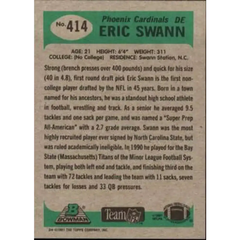 1991 Bowman #414 Eric Swann NM-MT RC Rookie Phoenix Cardinals Football Card - Football Card Single