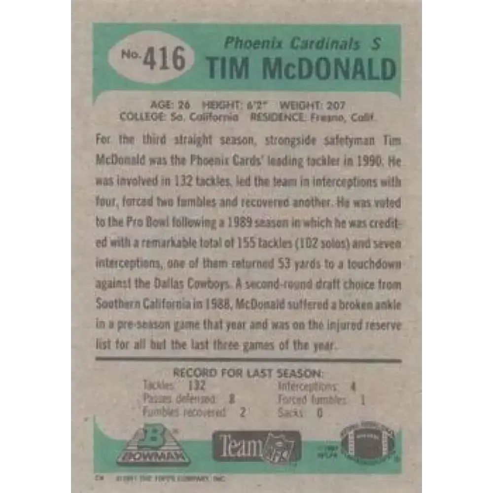 1991 Bowman #416 Tim McDonald NM-MT Phoenix Cardinals Football Card - Football Card Single