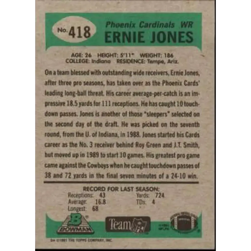 1991 Bowman #418 Ernie Jones NM-MT Phoenix Cardinals Football Card - Football Card Single