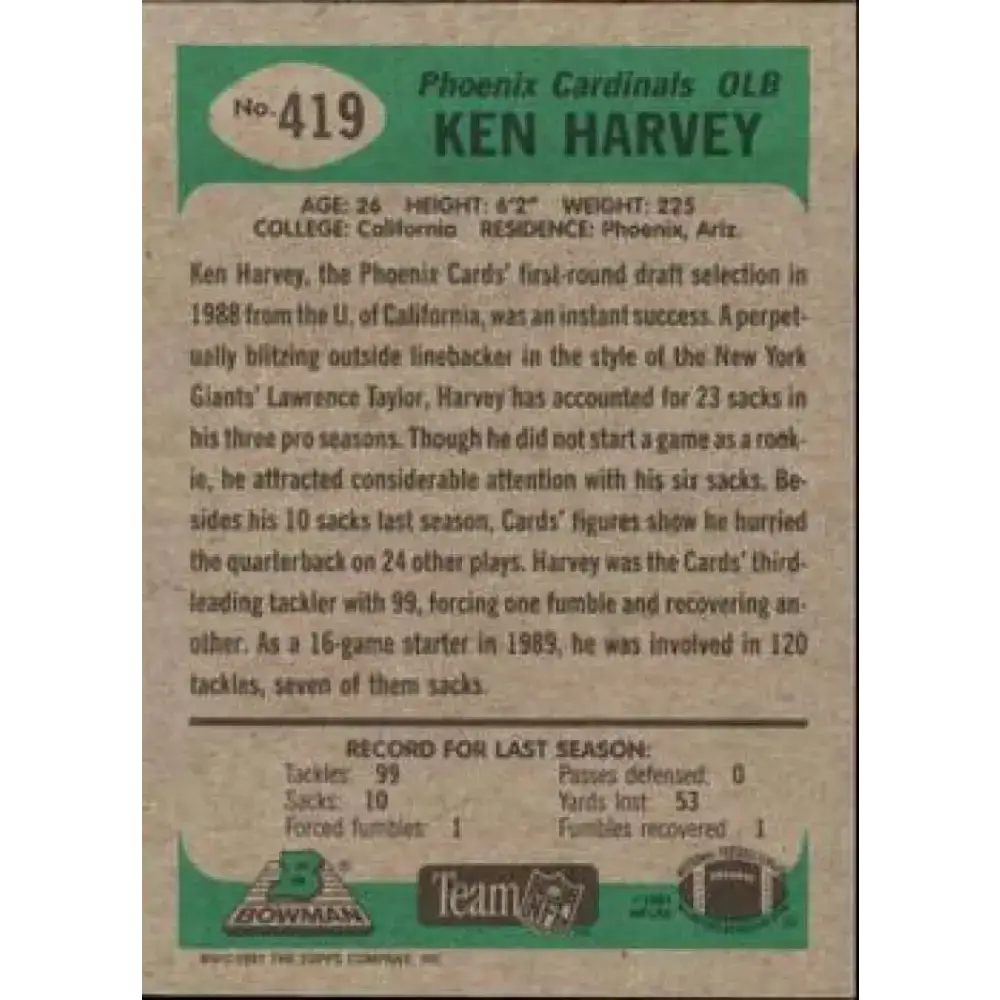 1991 Bowman #419 Ken Harvey NM-MT Phoenix Cardinals Football Card