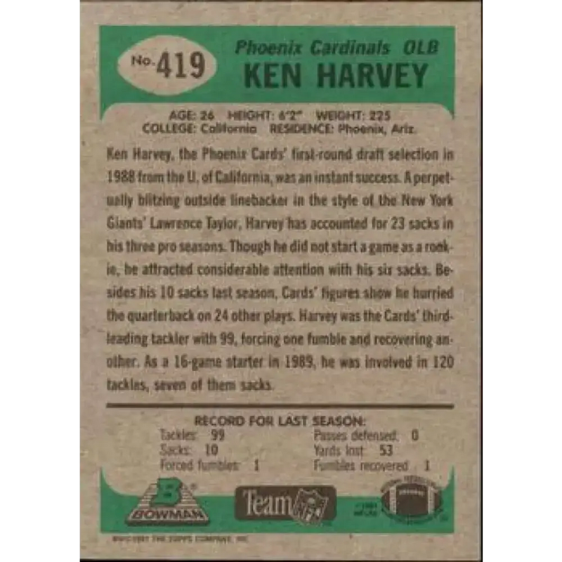 1991 Bowman #419 Ken Harvey NM-MT Phoenix Cardinals Football Card