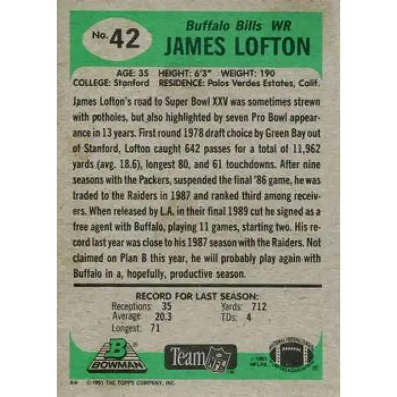 1991 Bowman #42 James Lofton NM-MT Buffalo Bills Football Card - Football Card Single