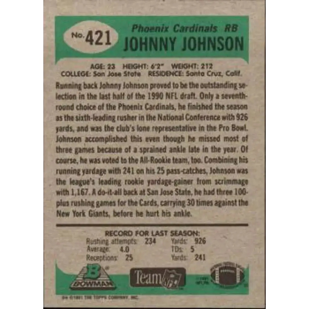 1991 Bowman #421 Johnny Johnson NM-MT Phoenix Cardinals Football Card - Football Card Single