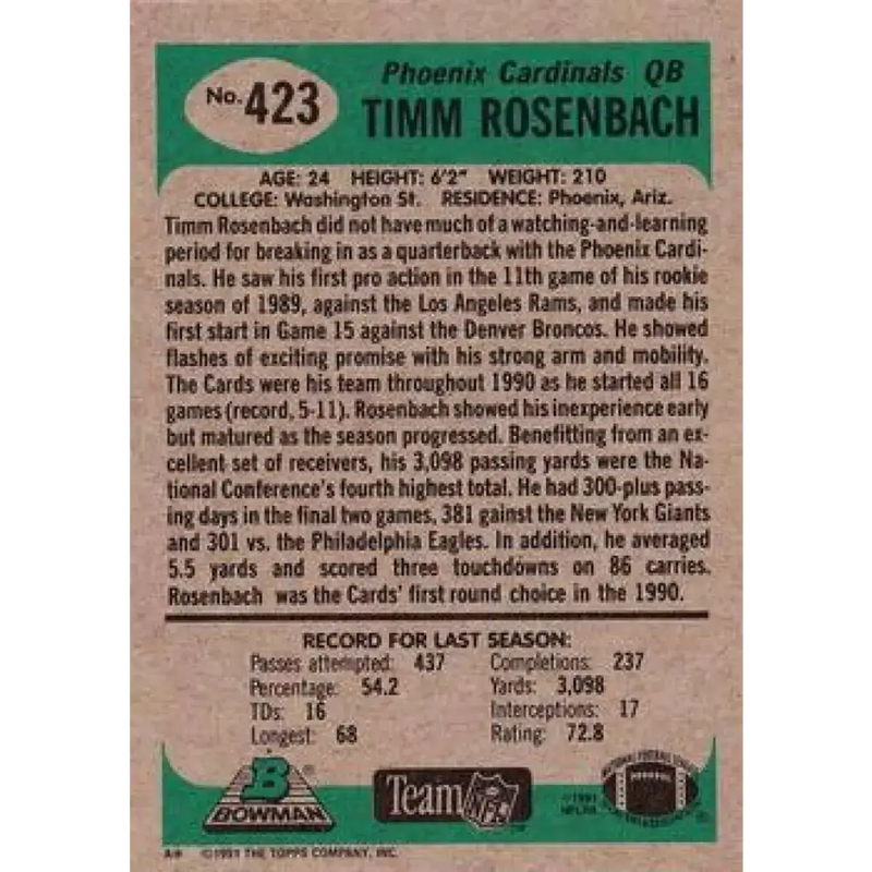 1991 Bowman #423 Timm Rosenbach NM-MT Phoenix Cardinals Football Card - Football Card Single