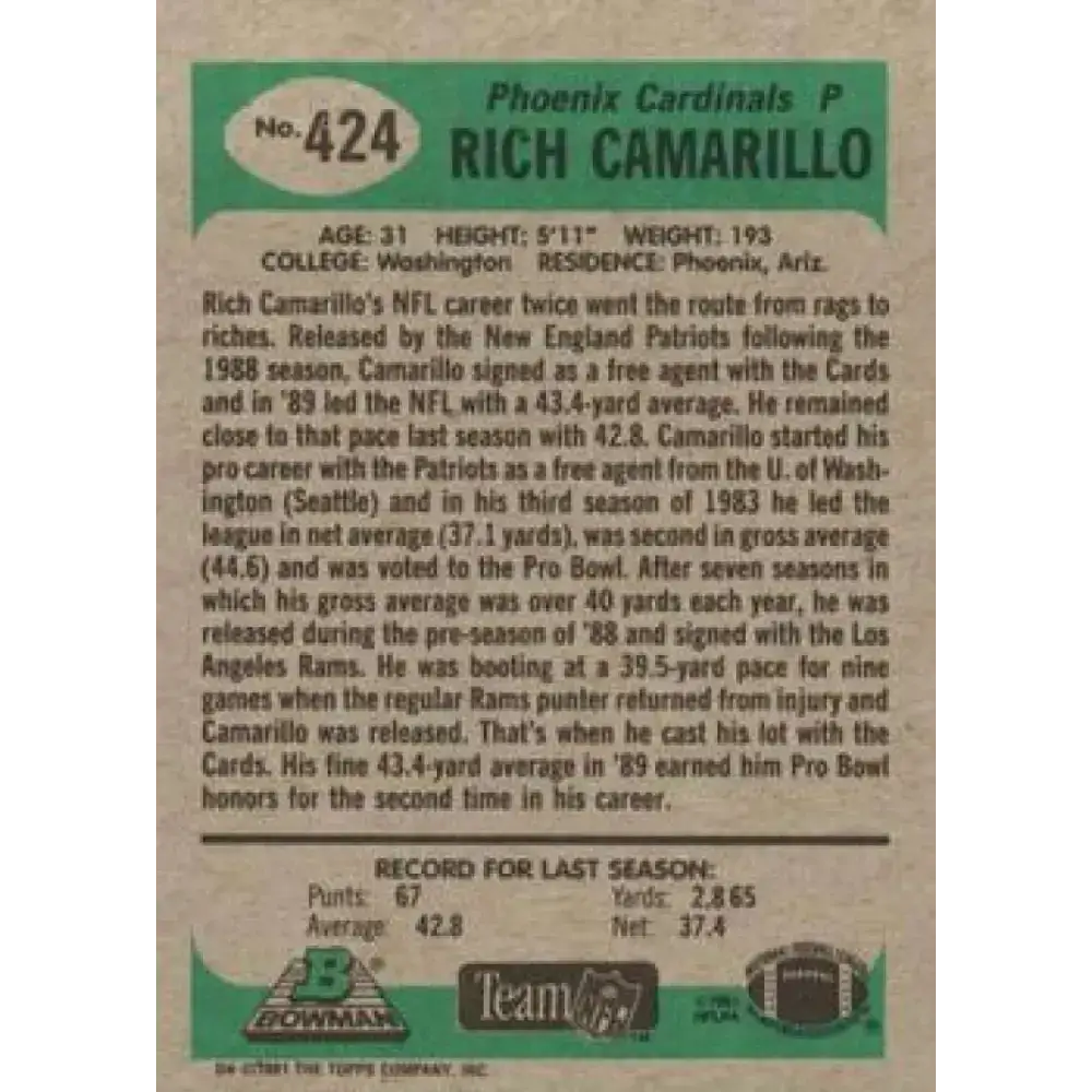 1991 Bowman #424 Rich Camarillo NM-MT Phoenix Cardinals Football Card - Football Card Single