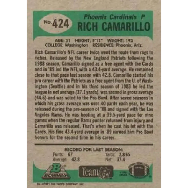 1991 Bowman #424 Rich Camarillo NM-MT Phoenix Cardinals Football Card - Football Card Single