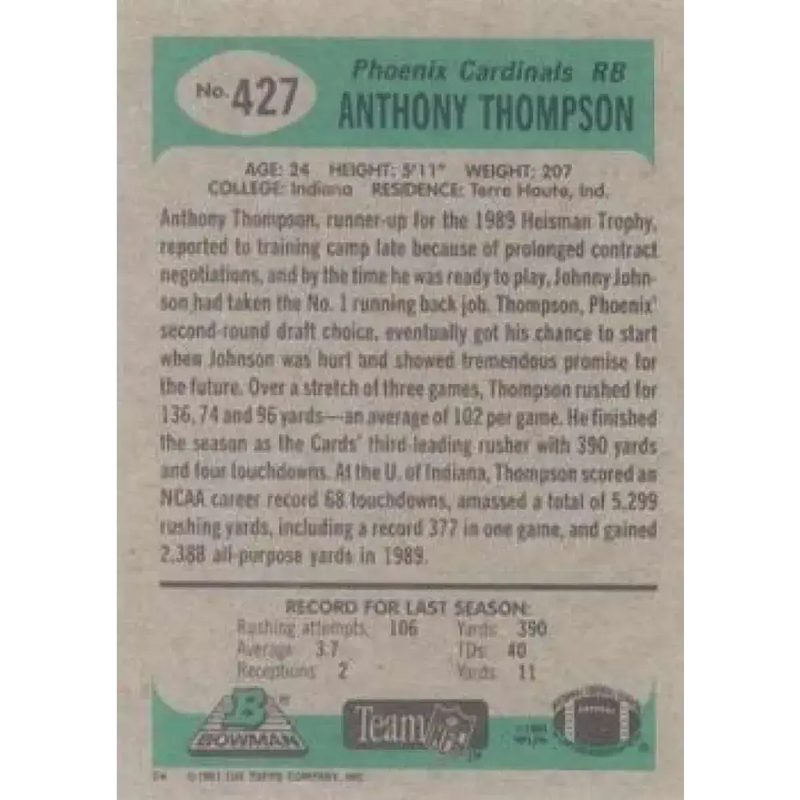 1991 Bowman #427 Anthony Thompson NM-MT Phoenix Cardinals Football Card - Football Card Single