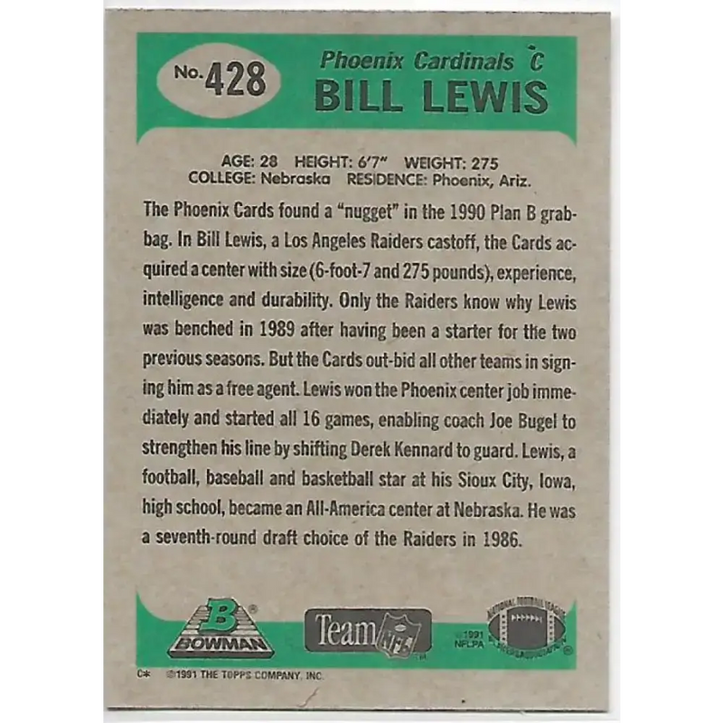 1991 Bowman #428 Bill Lewis NM-MT Football Card - Football Card Single