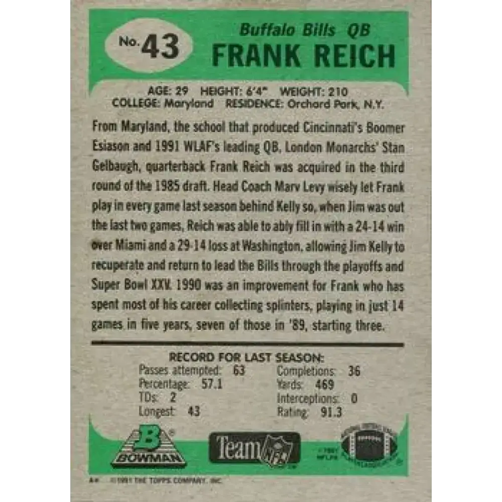 1991 Bowman #43 Frank Reich NM-MT Buffalo Bills Football Card - Football Card Single
