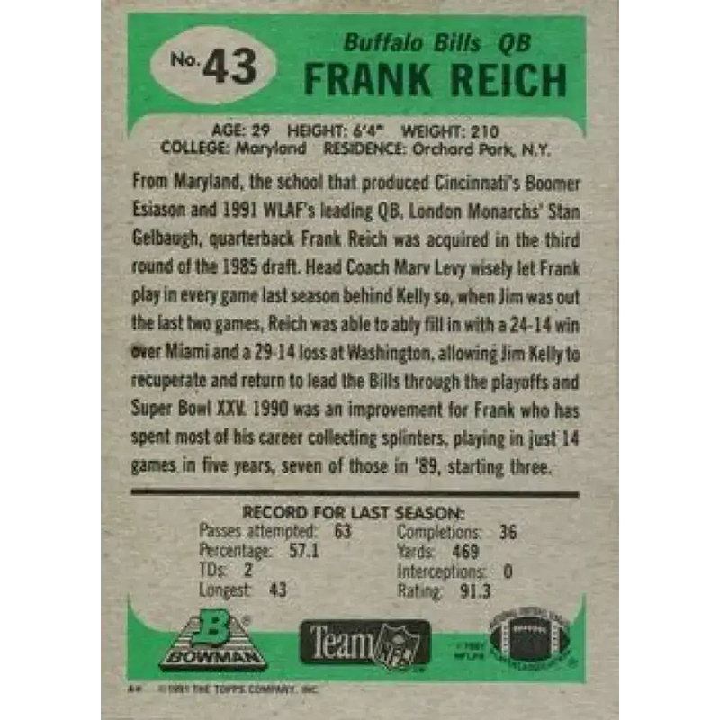 1991 Bowman #43 Frank Reich NM-MT Buffalo Bills Football Card - Football Card Single