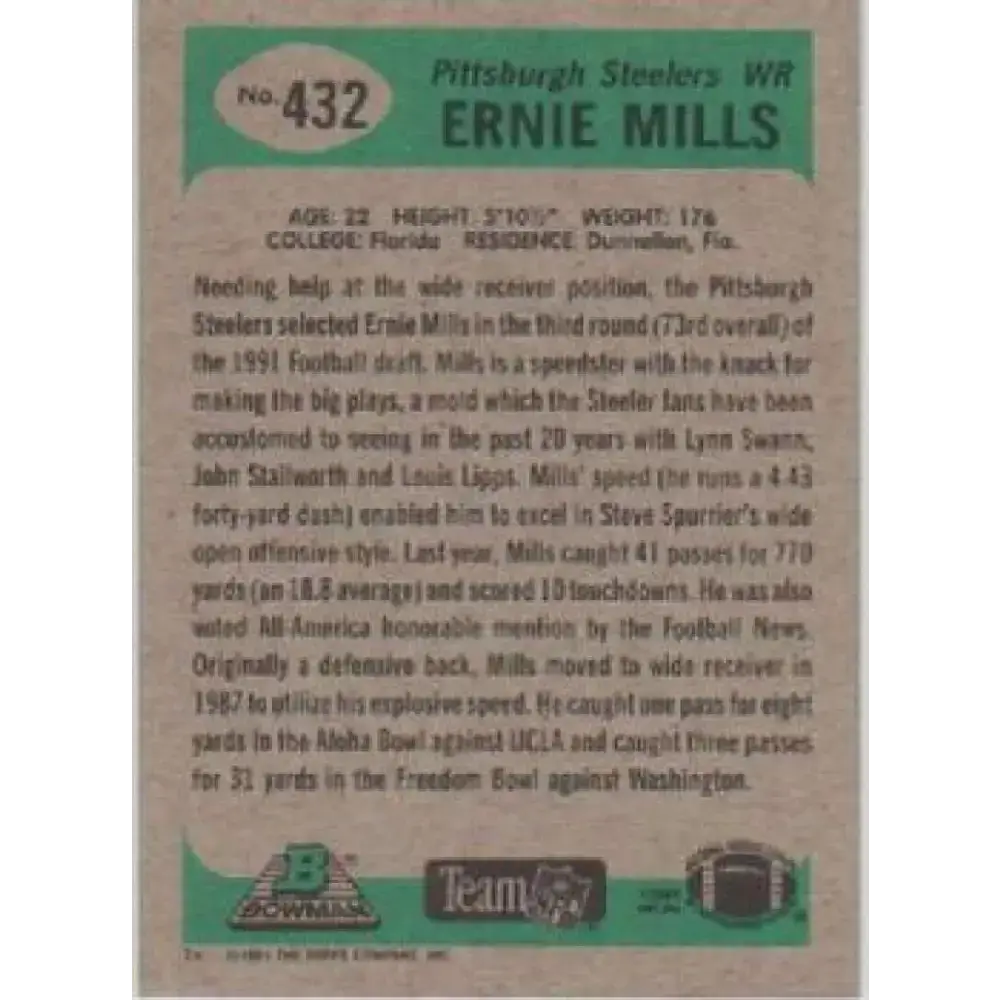 1991 Bowman #432 Ernie Mills NM-MT RC Rookie Pittsburgh Steelers Football Card - Football Card Single