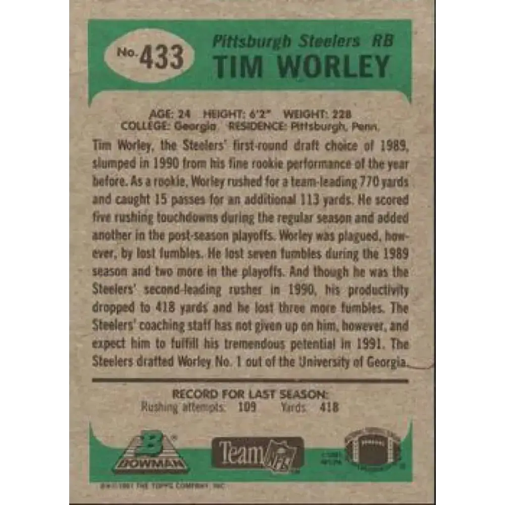 1991 Bowman #433 Tim Worley NM-MT Pittsburgh Steelers Football Card - Football Card Single