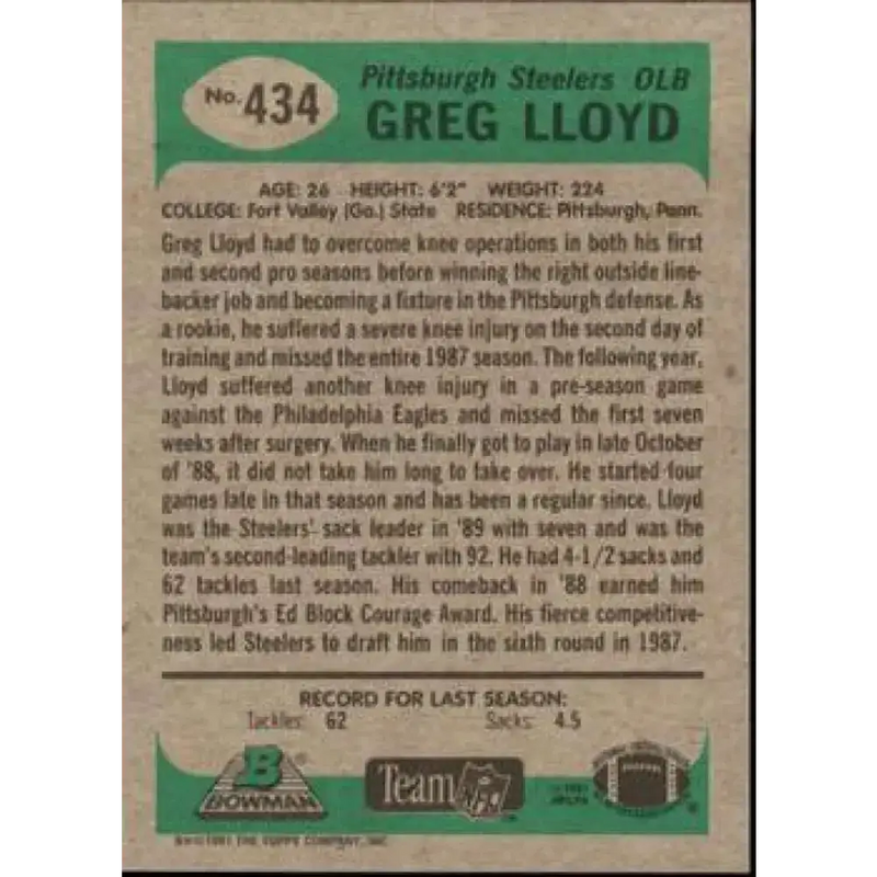 1991 Bowman #434 Greg Lloyd NM-MT Pittsburgh Steelers Football Card - Football Card Single