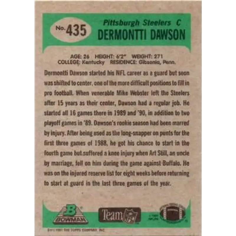 1991 Bowman #435 Dermontti Dawson NM-MT Pittsburgh Steelers Football Card - Football Card Single