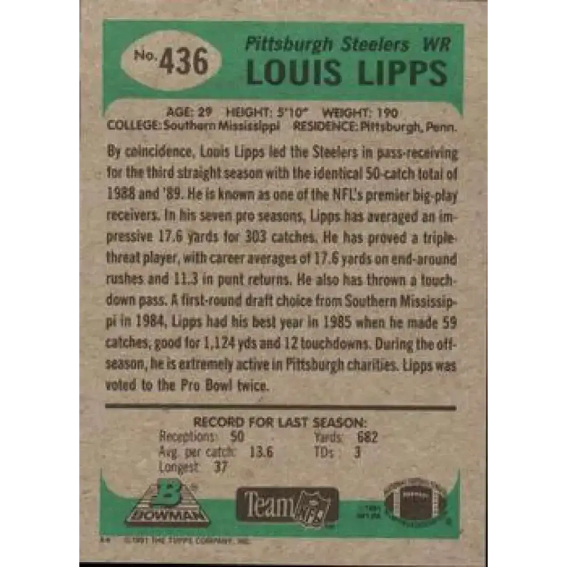 1991 Bowman #436 Louis Lipps NM-MT Pittsburgh Steelers Football Card - Football Card Single