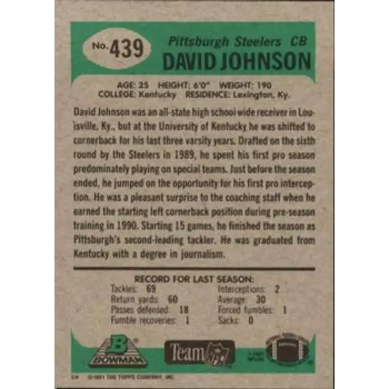 1991 Bowman #439 D.J. Johnson NM-MT Pittsburgh Steelers Football Card - Football Card Single