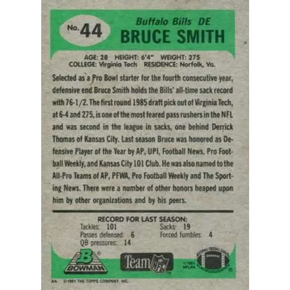 1991 Bowman #44 Bruce Smith NM-MT Buffalo Bills Football Card