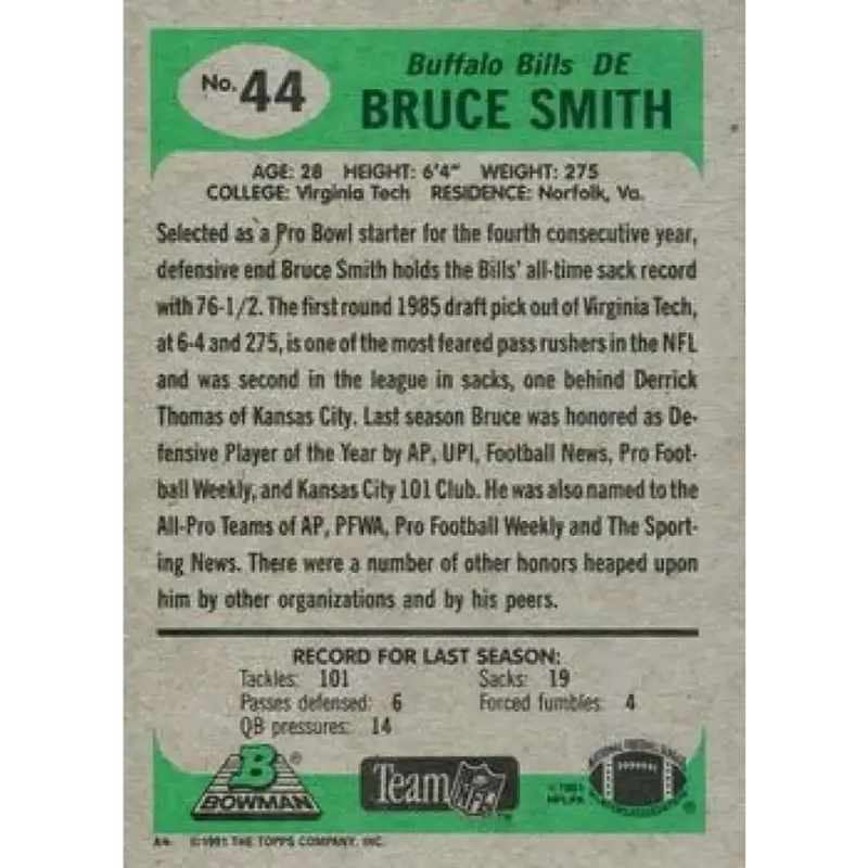 1991 Bowman #44 Bruce Smith NM-MT Buffalo Bills Football Card
