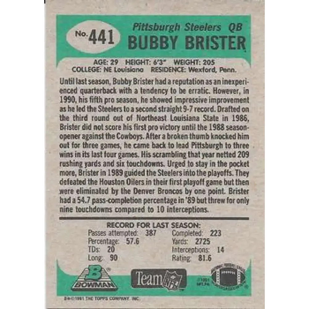 1991 Bowman #441 Bubby Brister NM-MT Pittsburgh Steelers Football Card
