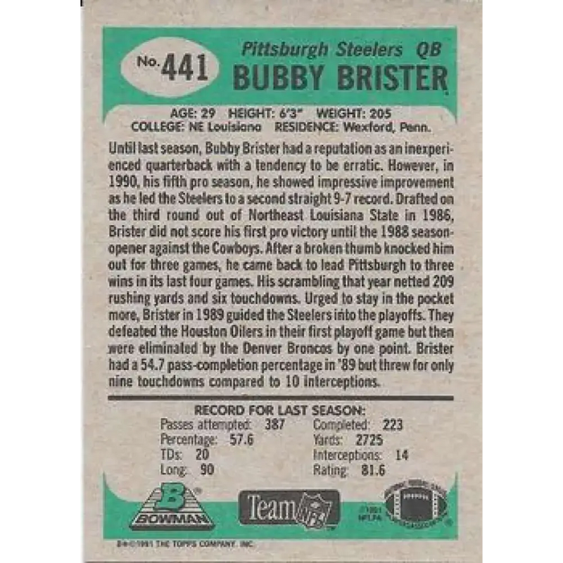 1991 Bowman #441 Bubby Brister NM-MT Pittsburgh Steelers Football Card