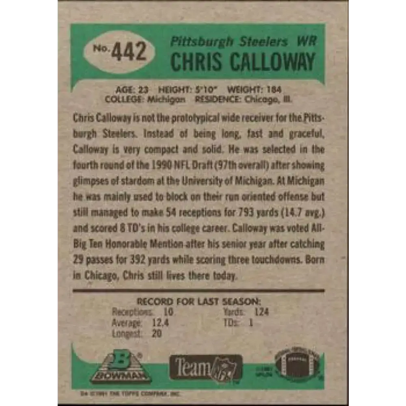 1991 Bowman #442 Chris Calloway NM-MT Pittsburgh Steelers Football Card - Football Card Single