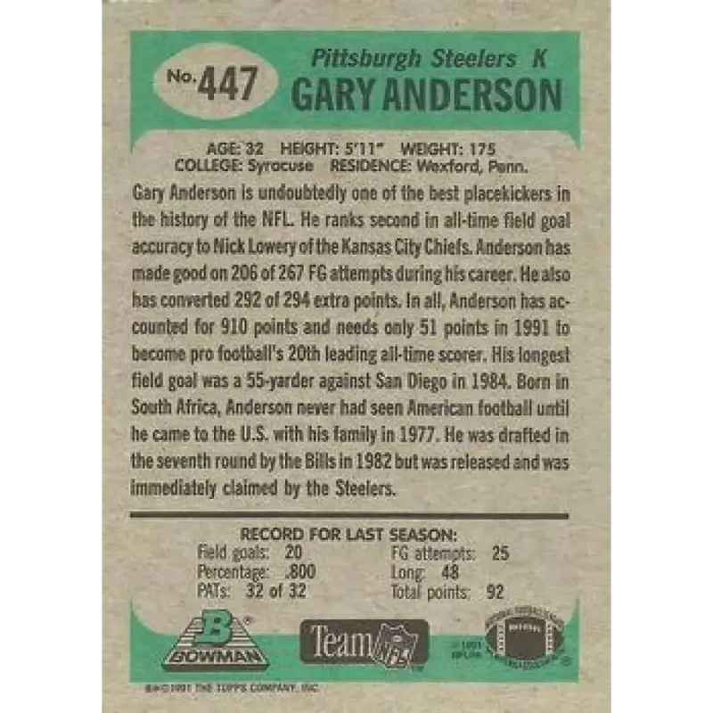 1991 Bowman #447 Gary Anderson NM-MT Pittsburgh Steelers Football Card - Football Card Single