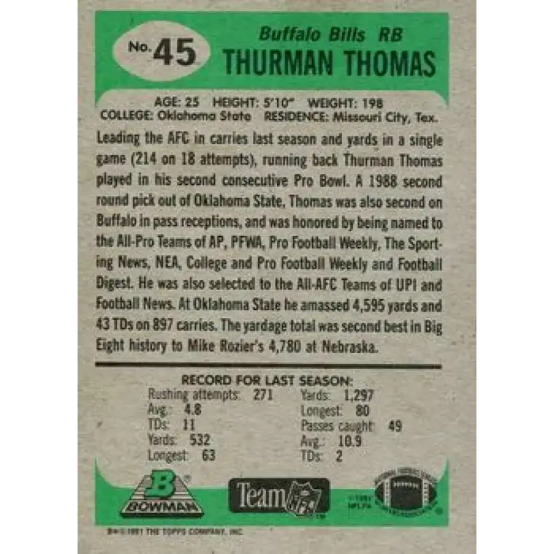 1991 Bowman #45 Thurman Thomas NM-MT Buffalo Bills Football Card - Football Card Single
