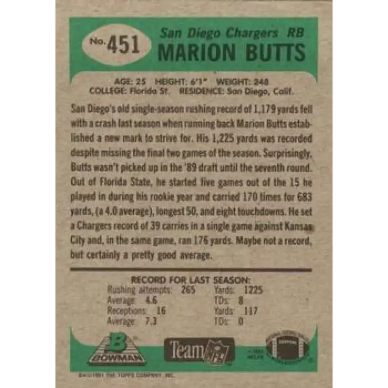 1991 Bowman #451 Marion Butts NM-MT San Diego Chargers Football Card - Football Card Single
