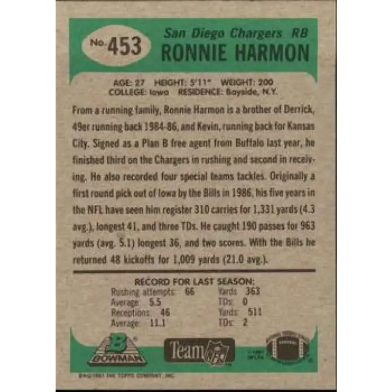 1991 Bowman #453 Ronnie Harmon NM-MT San Diego Chargers Football Card - Football Card Single