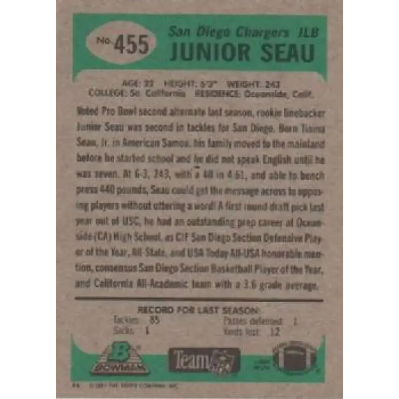 1991 Bowman #455 Junior Seau NM-MT San Diego Chargers Football Card - Football Card Single