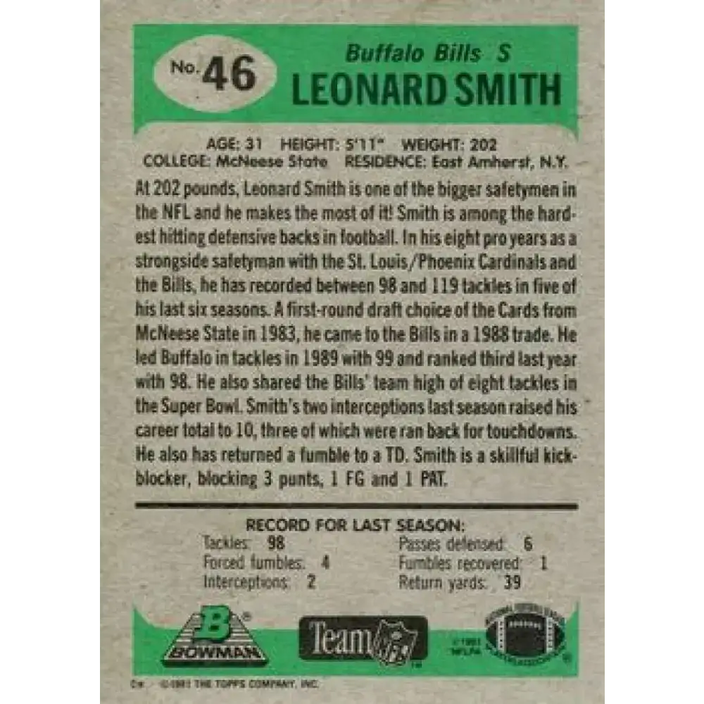 1991 Bowman #46 Leonard Smith NM-MT Buffalo Bills Football Card