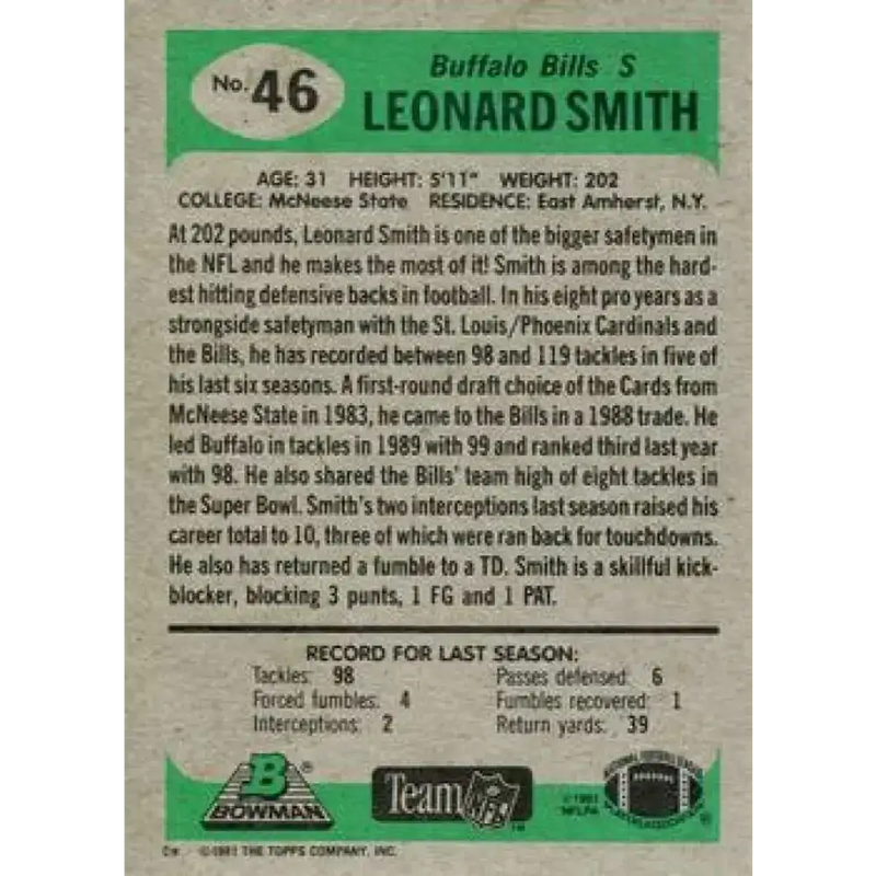 1991 Bowman #46 Leonard Smith NM-MT Buffalo Bills Football Card
