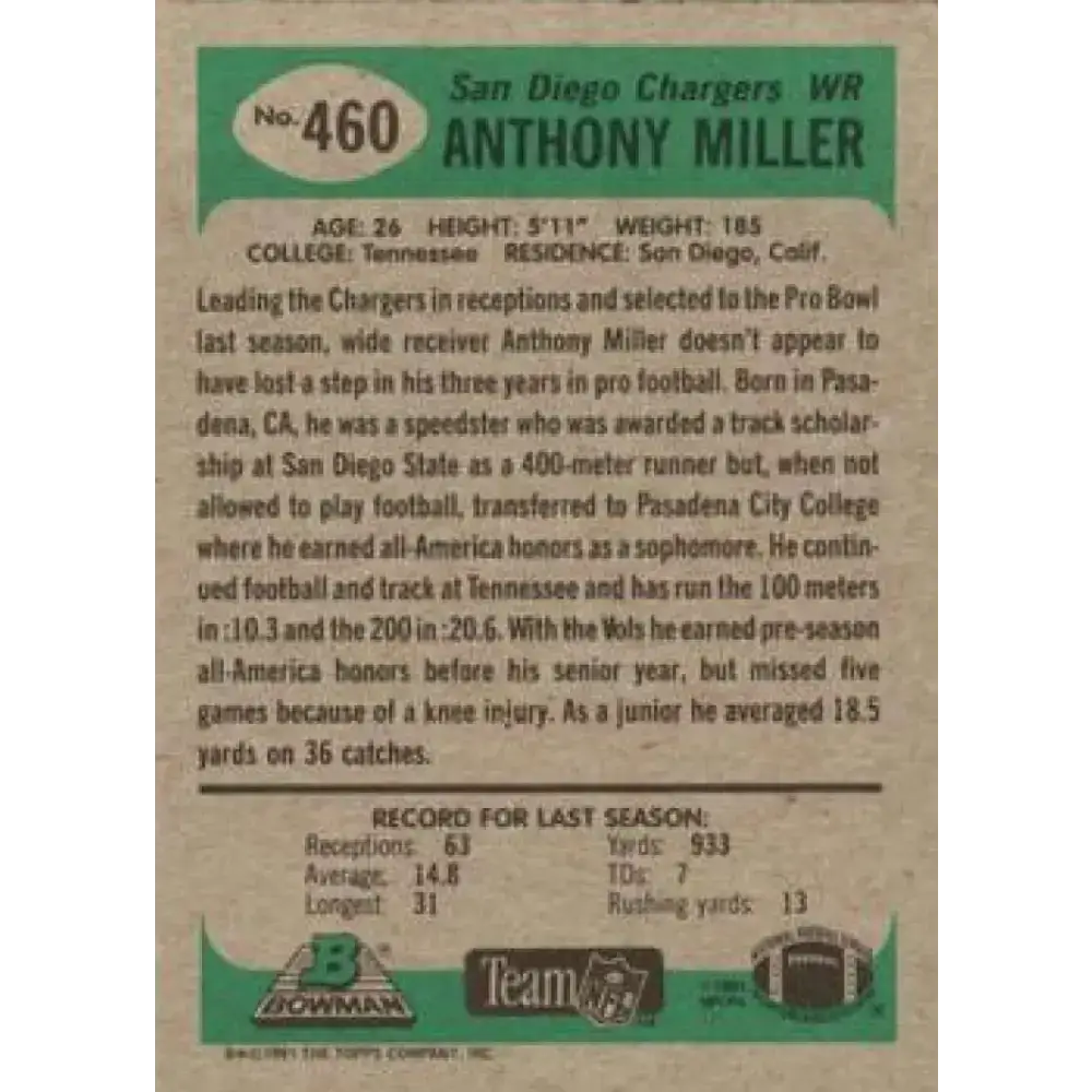 1991 Bowman #460 Anthony Miller NM-MT San Diego Chargers Football Card - Football Card Single