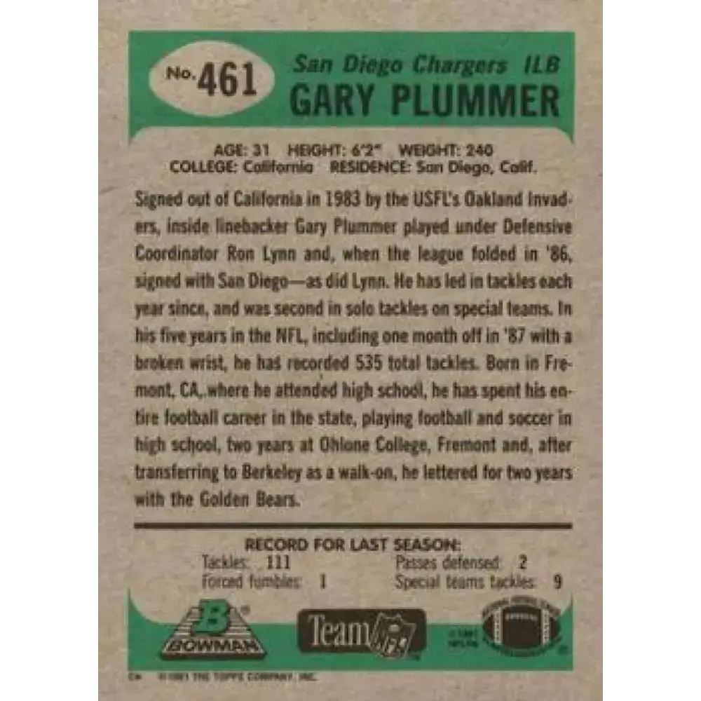 1991 Bowman #461 Gary Plummer NM-MT San Diego Chargers Football Card - Football Card Single