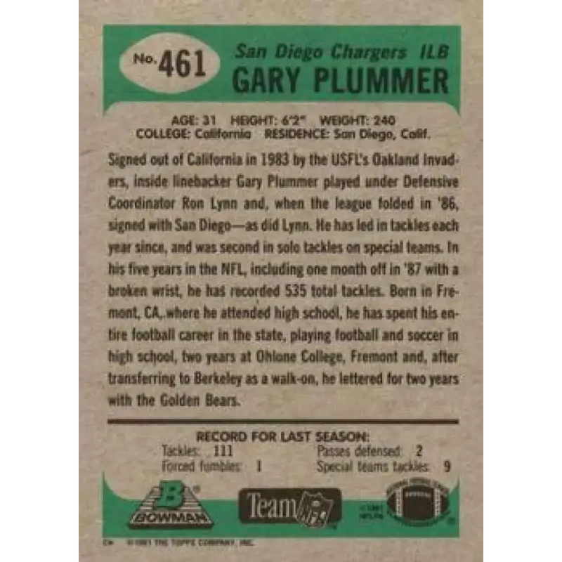 1991 Bowman #461 Gary Plummer NM-MT San Diego Chargers Football Card - Football Card Single