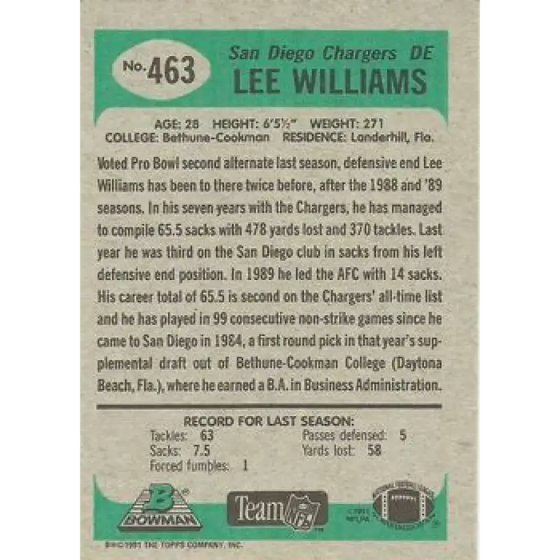 1991 Bowman #463 Lee Williams NM-MT San Diego Chargers Football Card - Football Card Single