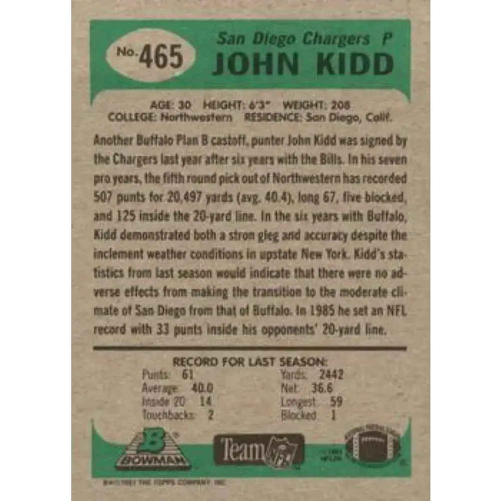 1991 Bowman #465 John Kidd NM-MT San Diego Chargers Football Card - Football Card Single