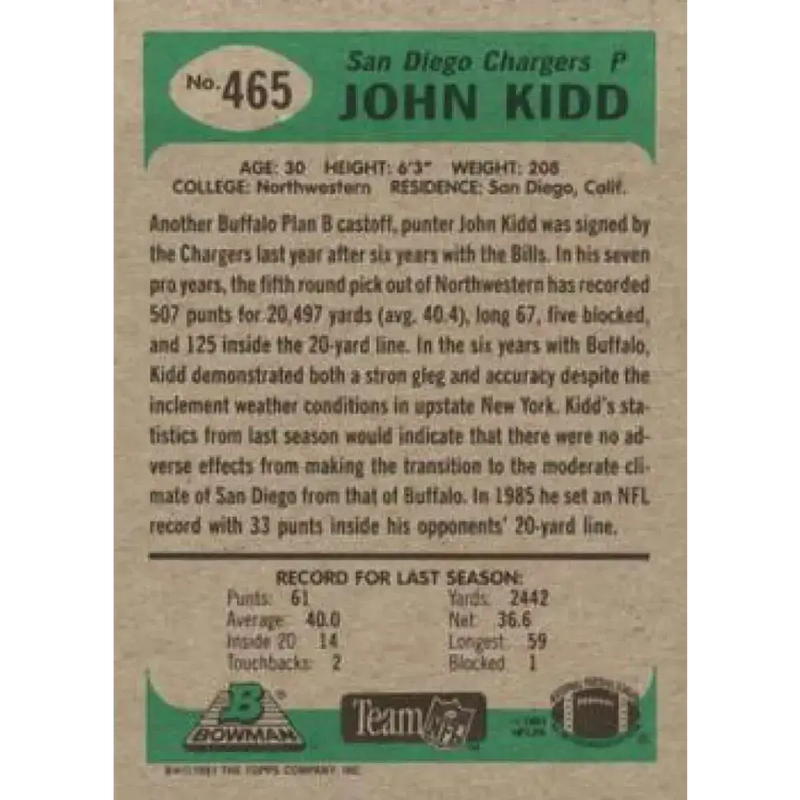 1991 Bowman #465 John Kidd NM-MT San Diego Chargers Football Card - Football Card Single
