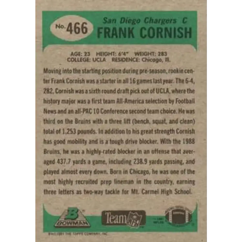 1991 Bowman #466 Frank Cornish NM-MT San Diego Chargers Football Card - Football Card Single