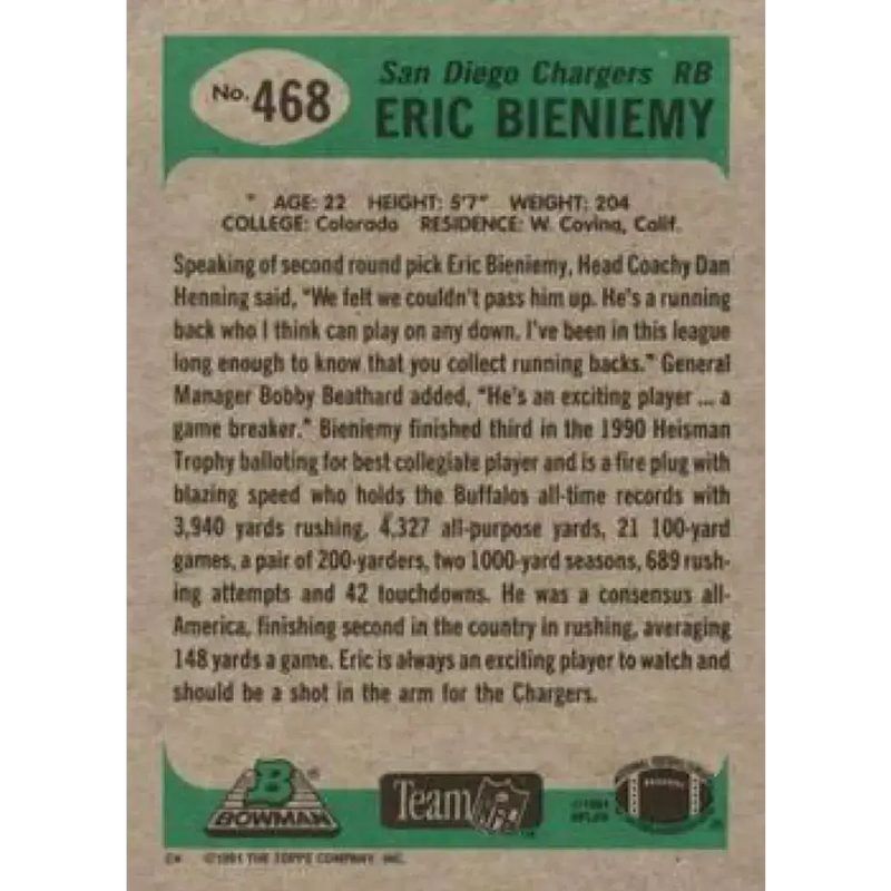 1991 Bowman #468 Eric Bieniemy NM-MT RC Rookie San Diego Chargers Football Card - Football Card Single