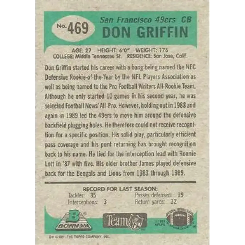 1991 Bowman #469 Don Griffin NM-MT San Francisco 49ers Football Card - Football Card Single