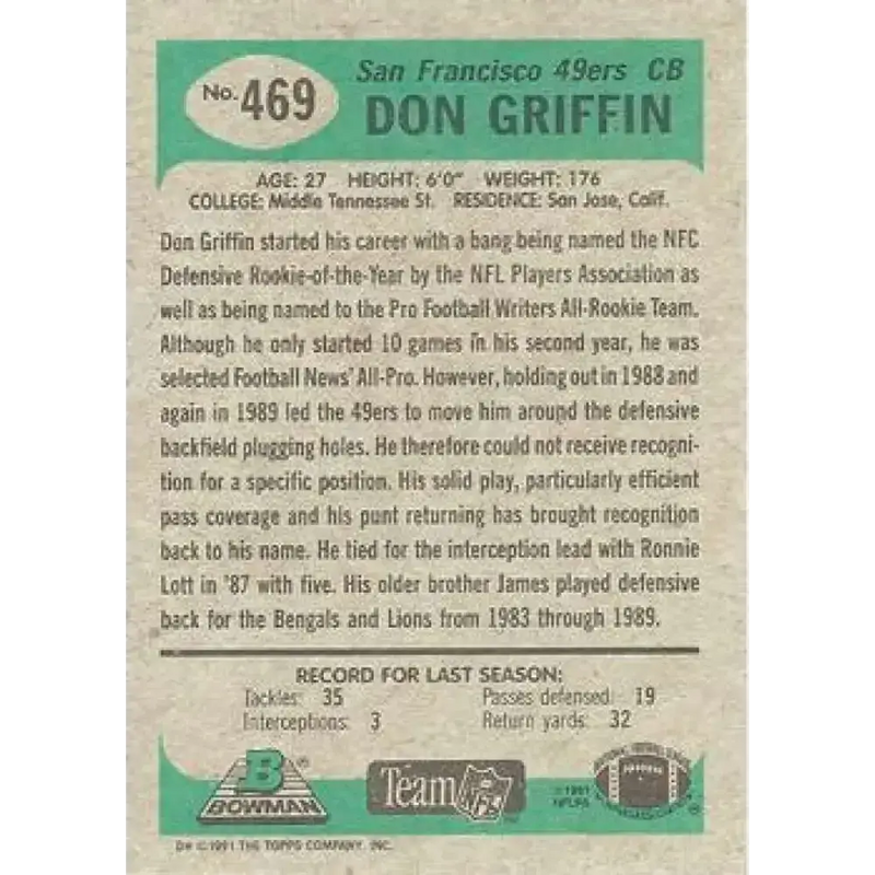 1991 Bowman #469 Don Griffin NM-MT San Francisco 49ers Football Card - Football Card Single