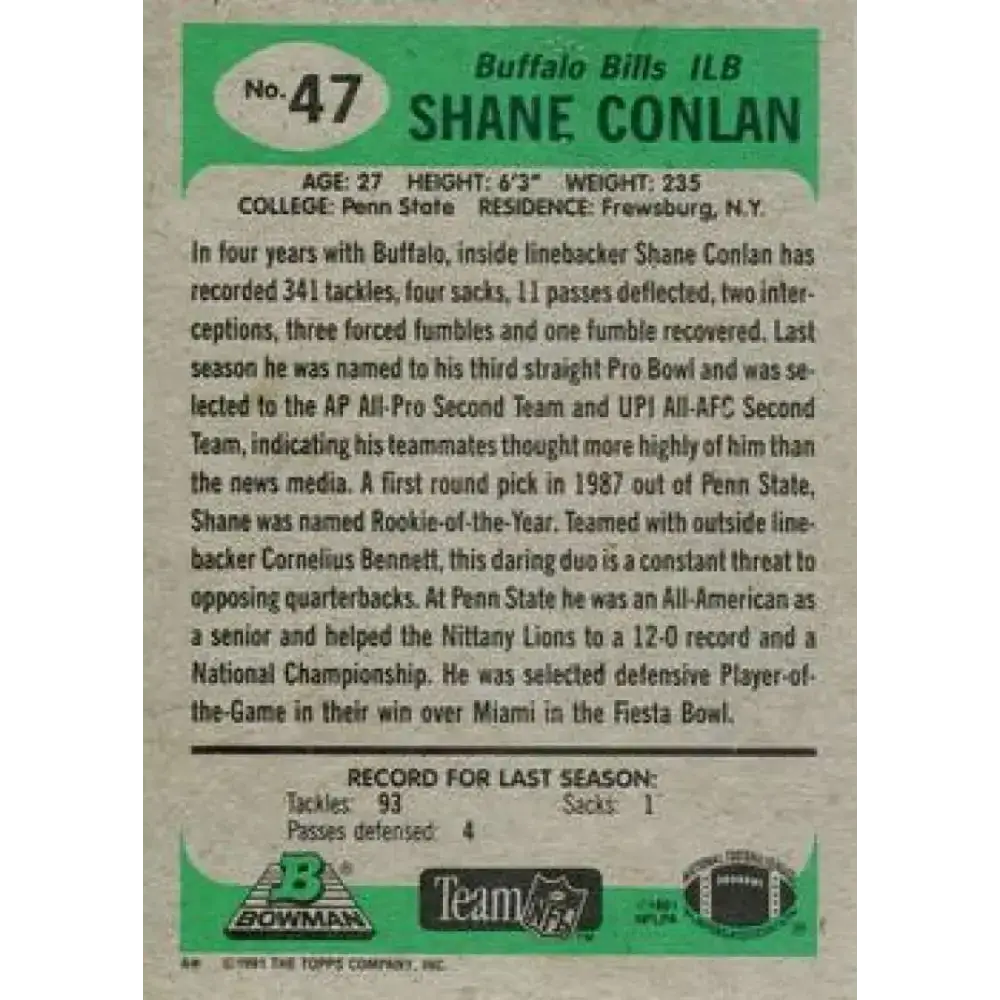 1991 Bowman #47 Shane Conlan NM-MT Buffalo Bills Football Card - Football Card Single