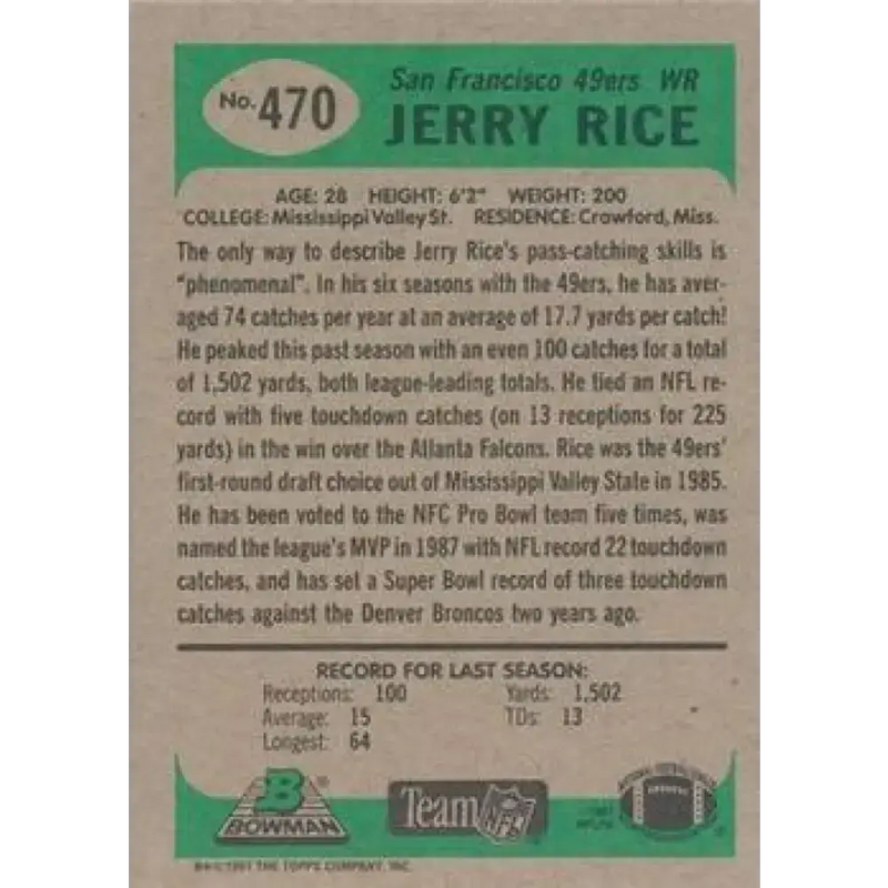 1991 Bowman #470 Jerry Rice NM-MT San Francisco 49ers Football Card - Football Card Single
