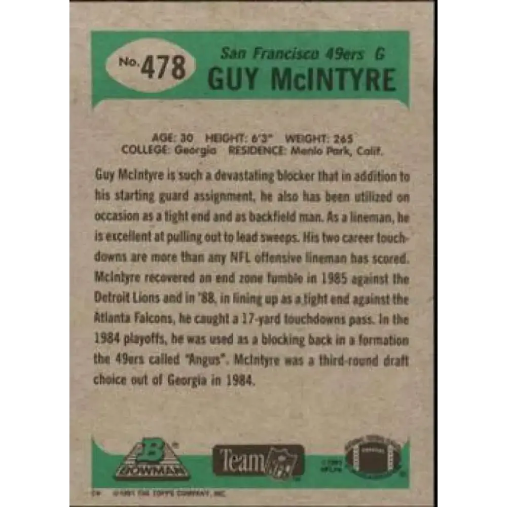 1991 Bowman #478 Guy McIntyre NM-MT San Francisco 49ers Football Card - Football Card Single