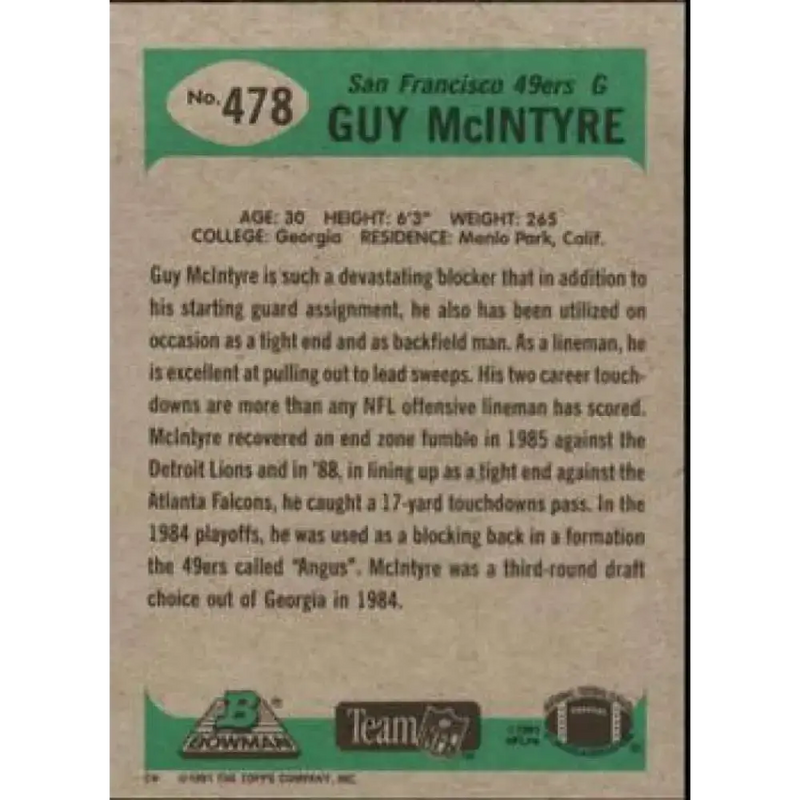 1991 Bowman #478 Guy McIntyre NM-MT San Francisco 49ers Football Card - Football Card Single