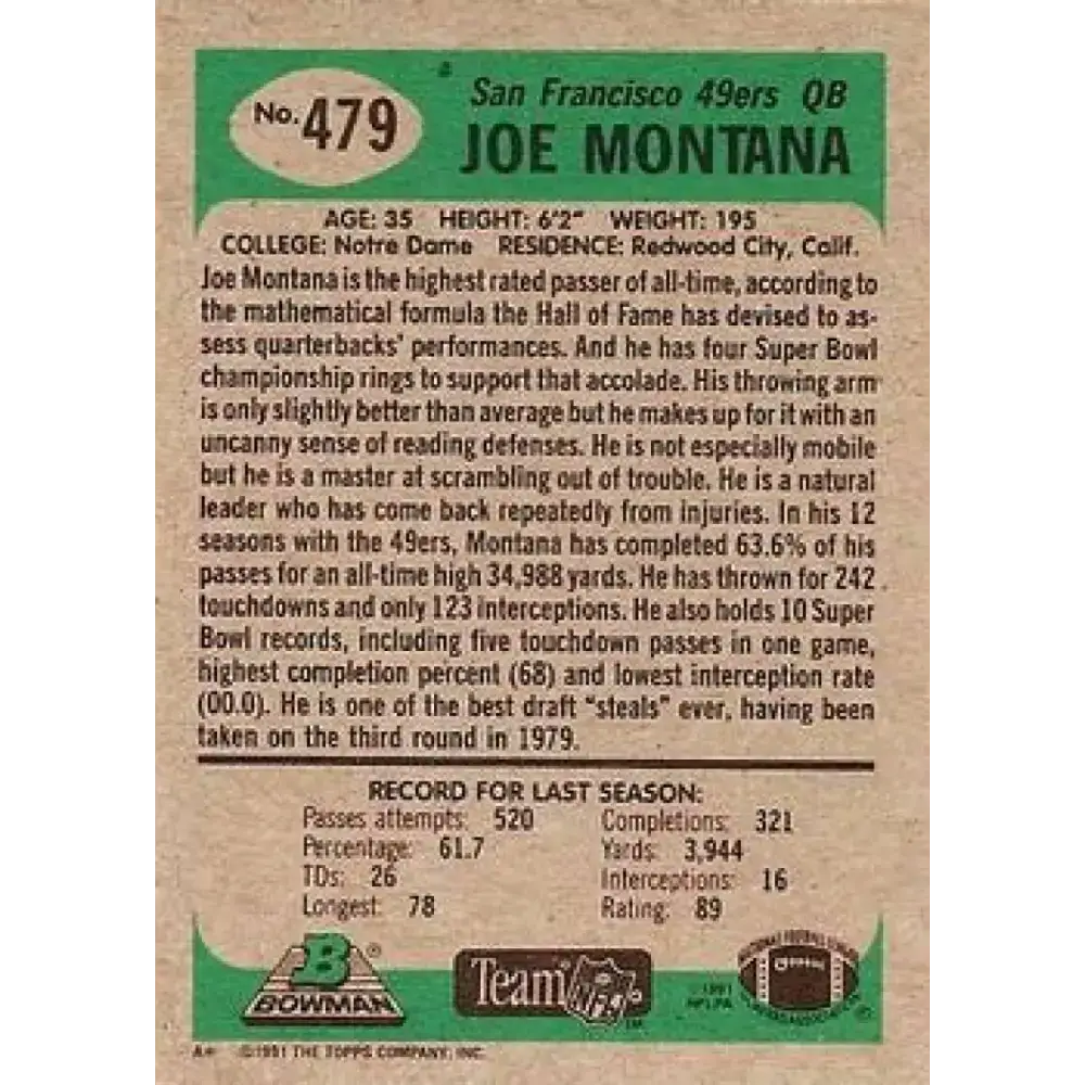 1991 Bowman #479 Joe Montana NM-MT San Francisco 49ers Football Card - Football Card Single