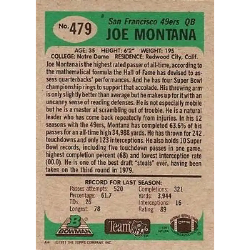 1991 Bowman #479 Joe Montana NM-MT San Francisco 49ers Football Card - Football Card Single