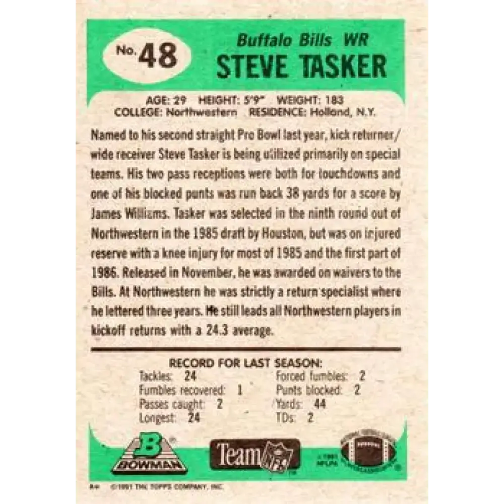 1991 Bowman #48 Steve Tasker NM-MT Buffalo Bills Football Card - Football Card Single